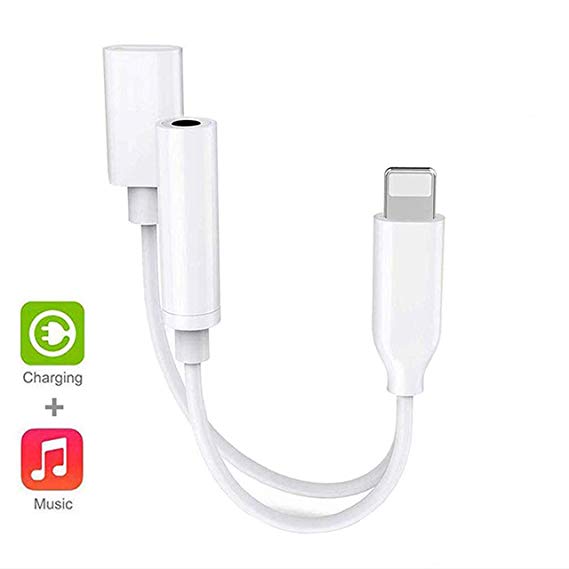 3.5 mm Headphone Jack Adapter for iPhone Xs/Xs Max/XR/ 8/8 Plus / 7/7 Plus for iPhone Aux Adapter 2 in 1 Earphones Splitter Adapter Charger Cables Audio Connector Dongle Support All iOS Systems-White