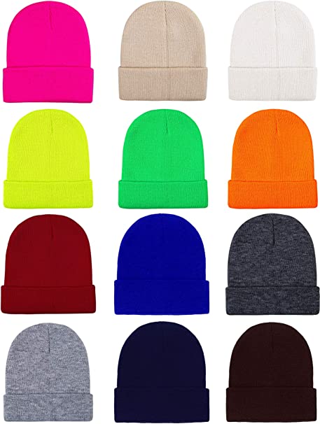 Cooraby 12 Pack Knitted Winter Beanies Acrylic Warm Skull Cap Cuff Watch Hat for Men or Women