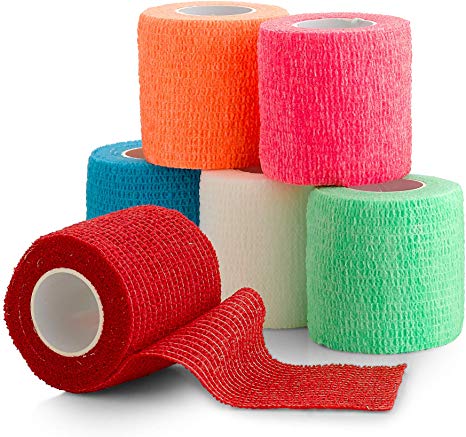 6 Pack, Self Adherent Cohesive Tape - 2” x 5 Yards, Self Adhesive Bandage Rolls & Sports Athletic Wrap for Ankle, Wrist, Knee Sprains and Swelling, Vet Wraps in Assorted Neon Colors - FDA Approved