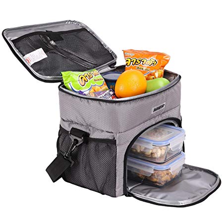 MIER Dual Compartment Insulated Lunch Box Bag Cooler Tote Meal Prep Bag for Fitness, Picnic, Beach, Travel, Work, Car, Grocery, Camping, Grey