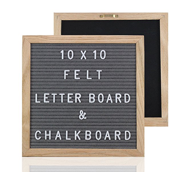 Felt Letter Board and Chalkboard - 376 Letters, Numbers & Symbols, 10x10 Oak Frame, Changeable Grey Felt Letter Board, Chalkboard, Canvas Bag, Wood Stand, Chalk Marker, and Cloth Wipe - By Jo & Ashley