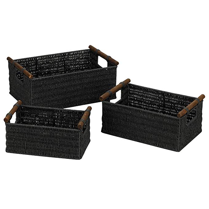 Household Essentials ML-7052 Paper Rope Wicker Storage Baskets with Wood Handles |Set of 3 | Black Stain