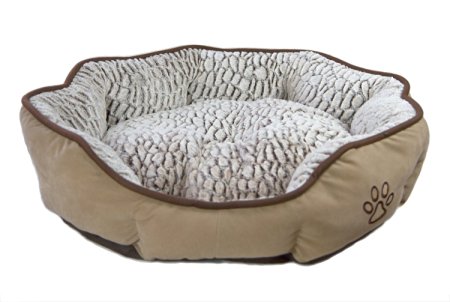 Plush Pet Bed, Cat or Dog Bed, "Deluxe Faux-Fur Cuddler", Bolster Sofa-Style with Removable Cushion, Non-Slip Base, Beige or Dark Brown, Size Medium (22 x 20 x 5.5 Inches) or Large Size (27 x 25 x 5.5 Inches).