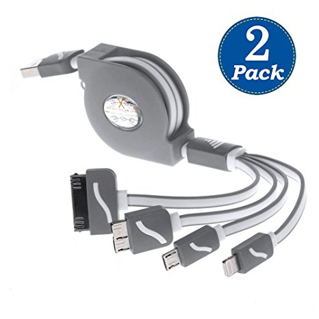 (2 Pack) USB Cable, Retractable 4 in 1 Multifunctional Universal USB Charger Cable iPhone SE 4 4s 5 5s 5c 6 6s Plus, iPad Pro,Galaxy S5 S6,S6 Edge,Galaxy S7 Edge,Nexus 6,Htc,LG and More (Gray)