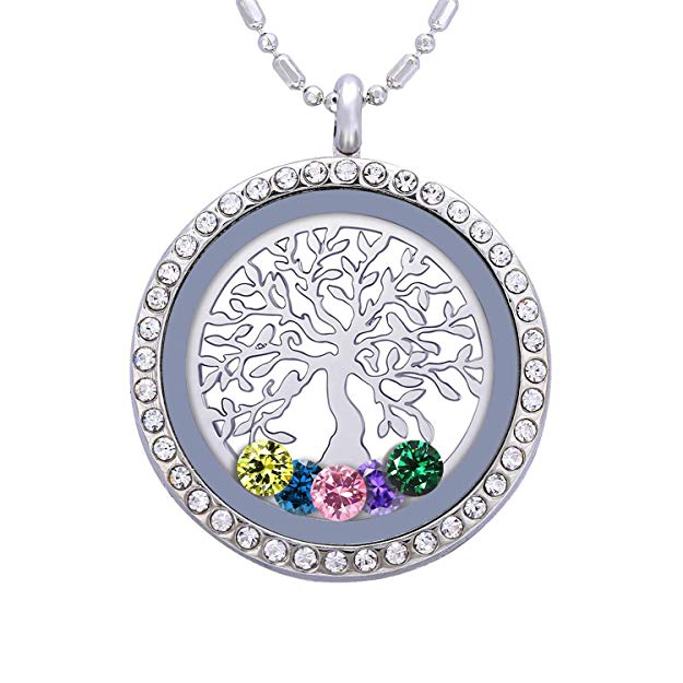 Birthstone Family Tree of Life Necklace, Floating Charm Living Memory Locket with 24 Birthstone & 2 Family Tree Plate DIY Pendant Gifts