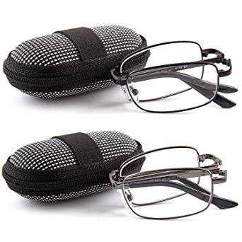 DoubleTake 2 Pairs Foldable Readers in Portable Nylon Zip Cases Folding Reading Glasses
