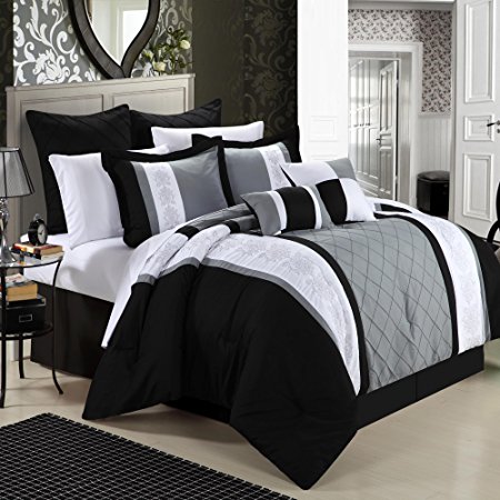 Chic Home 8-Piece Embroidery Comforter Set, Queen, Livingston Black