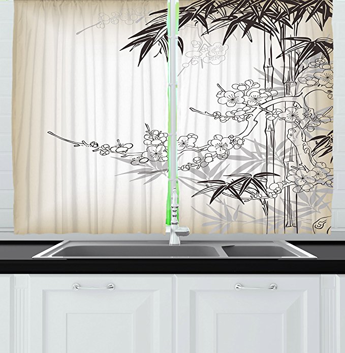 Ambesonne Kitchen Decor Collection, Japanese Art Traditional Asian Style Bamboo and Sakura Tree Zen Design Window Curtains  2 Panels, 55X39 Inches, White Black