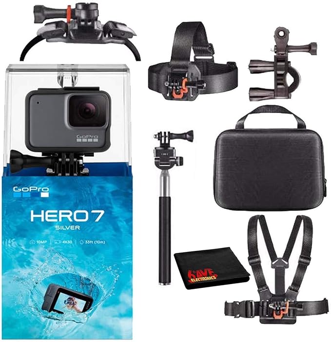 GoPro HERO7 Hero 7 Waterproof Digital Action Camera with Action Kit Accessories Body Bundle (Silver)