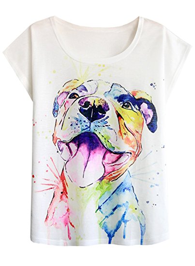 Futurino Women's Summer Colourful Ink Pit Bull Dog Print Loose Sleeve T-Shirt