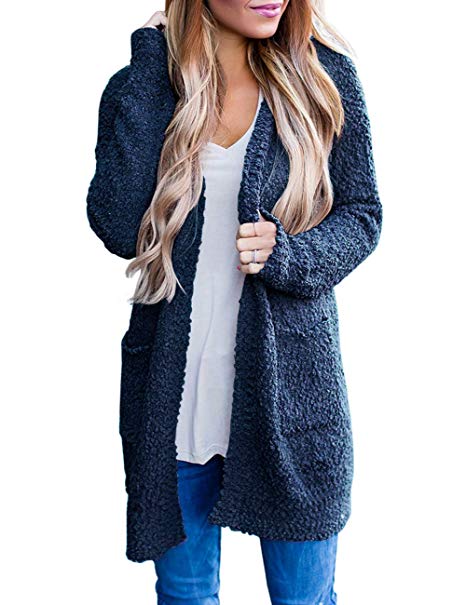 MEROKEETY Women's Long Sleeve Soft Chunky Knit Sweater Open Front Cardigan Outwear with Pockets