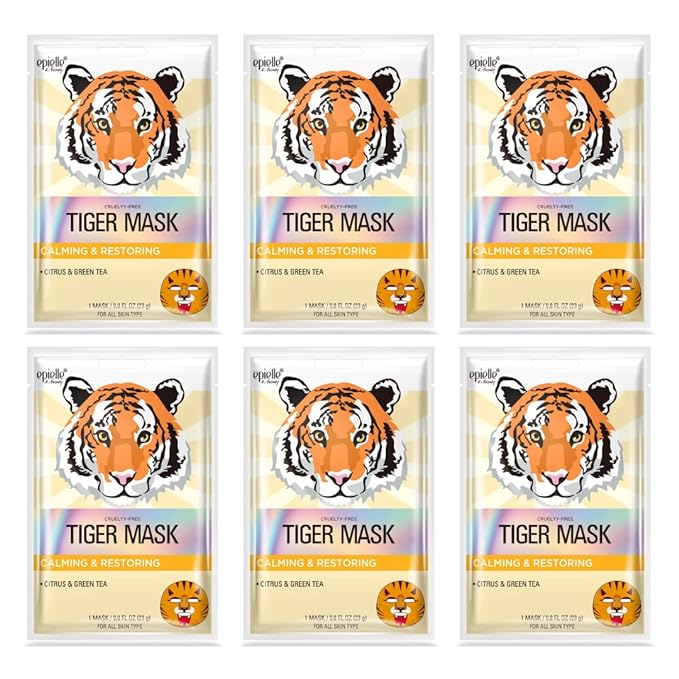 Epielle Character Sheet Masks | Animal Spa Mask | Puppy, Tiger, Rabbit, Penguin, Pig, Fox | Korean Beauty Mask -For All Skin Types| Birthday Party Gift for her kids, Spa Day Party, Girls Night, Spa Night, Beauty Gift | Skincare Gifts | Skincare Party Favors, Stocking Stuffers (Tiger 6 pack)