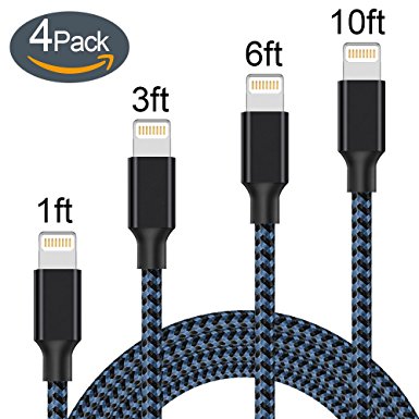 Lightning Cable,ONSON Charger Cables 4Pack 1FT 3FT 6FT 10FT to USB Syncing and Charging Cable Data Nylon Braided Cord Charger for iPhone 7/7 Plus/6/6 Plus/6s/6s Plus/5/5s/5c/SE and more-BlackBlue