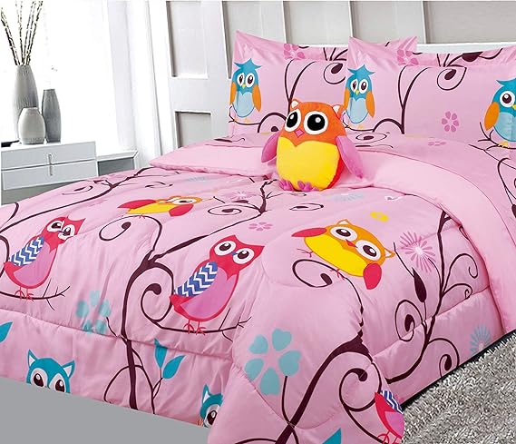 6 Piece Twin Size Kids Girls Teens Comforter Set Bed in Bag with Shams, Sheet set and Decorative Toy Pillow, Owl Branch Print Pink Yellow Turquoise Girls Kids Comforter Bedding Set w/Sheets,T 6pc OB
