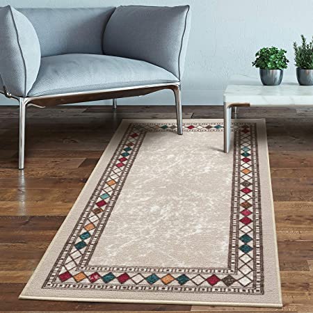 Antep Rugs Alfombras Modern Bordered 2x4 Non-Skid (Non-Slip) Low Profile Pile Rubber Backing Kitchen Area Rugs (Beige, 2'3" x 4')