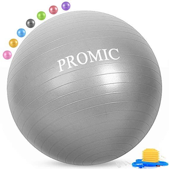 PROMIC Exercise Ball (45-85cm) with Quick Foot Pump, Professional Grade Anti Burst & Slip Resistant Balance Ball for Yoga, Balance, Workout, Fitness, Cardio Drumming, Use for a Work Chair (8 Colors)
