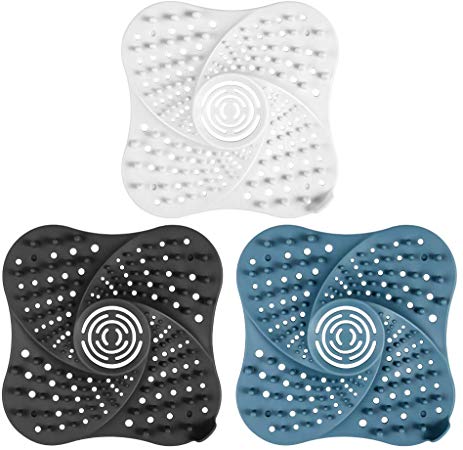 WARMWIND Rubber Hair Catch Drain, Durable Shower Drainer, Flexible Bathtub Strainer, with 4 Strong Suction Cups, Suitable for Bathroom and Kitchen (3 Pack-Blue-White-Black)
