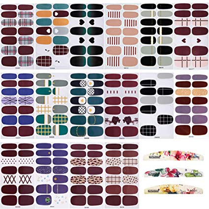 TYLCC 16 Sheets Full Wraps Nail Polish Stickers,Self-Adhesive Nail Art Decals Strips Manicure Kits With 3Pc Nail Buffers Files for Women Girls