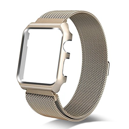 Yearscase 38MM Milanese Loop Replacement Band with Metal Protective Case for Apple Watch Series 3 Series 2 Series 1 Sport&Edition - Gold