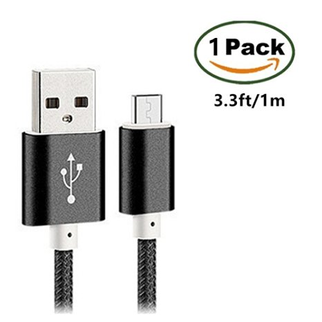 KingCool Micro USB Charge Cable 3.3 ft/1m Durable Braided Nylon V8 High Speed USB Data Transfer Cable Data Sync USB Charger Cord for Android, Samsung, HTC and More(Black)