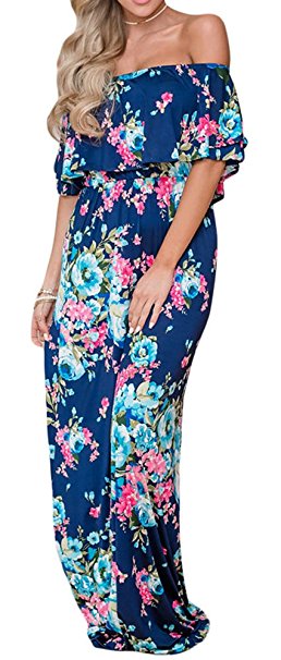Cfanny Women's Boho Floral Print Off Shoulder Ruffle Casual Maxi Summer Dress
