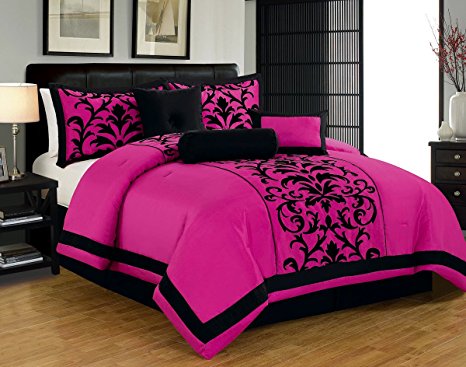 7pc Luxury Faux Silk Flocking Damask Print Comforter Set with Shams and cushions - Pink/Black, Queen/King (Queen)