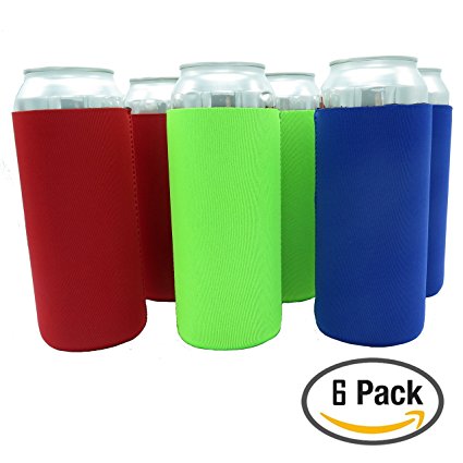 Beer Can Sleeves - Premium Set of 6 (Classic) 24 oz Collapsible Can Sleeves - Extra Thick Neoprene with Stitched Fabric Edges