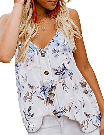 LERUCCI Womens V-Neck Button Down Strappy Camis Loose Sleeveless Shirts Blouses