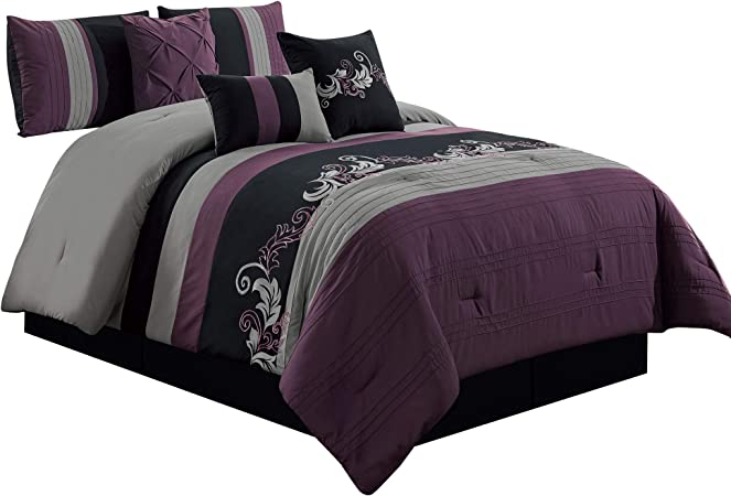 Chezmoi Collection Napa 7-Piece Luxury Leaves Scroll Embroidery Bedding Comforter Set (Full, Purple/Gray/Black)