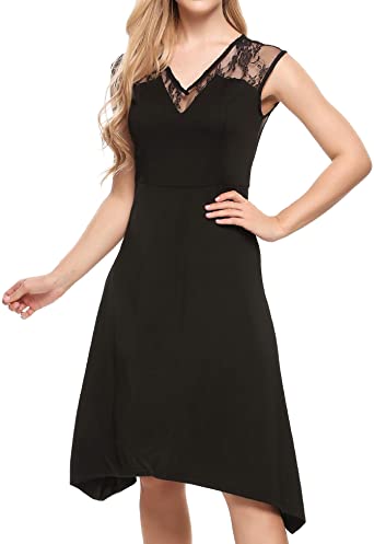 ACEVOG Womens Lace Stitching Sleeveless Tunic Bodycon A-Line Casual Midi Dress