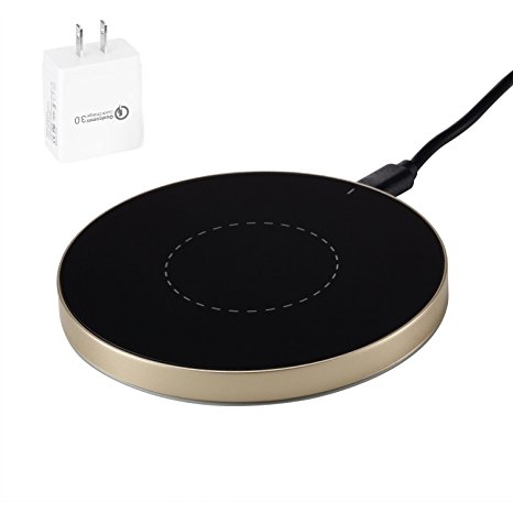 [10W Fast Charge] Wireless Charger and [QC 3.0 Adapter], Aluminium Qi Pad and Charger by Pantheon for Samsung Galaxy S7/S7 edge/S6 Edge Plus Note 5/7 and All Standard Qi-Enabled Devices (Gold with AC)
