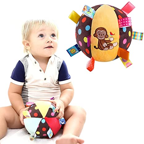 Baby Soft Cloth Ball Toy-Colorful Tags Ball with Chiming Bell-Plush Animal Rattle Ball Toy for Baby Crawl Hand Grip,Interactive Sensory Toy with Color to Comfort Baby Exercise Motor Skill