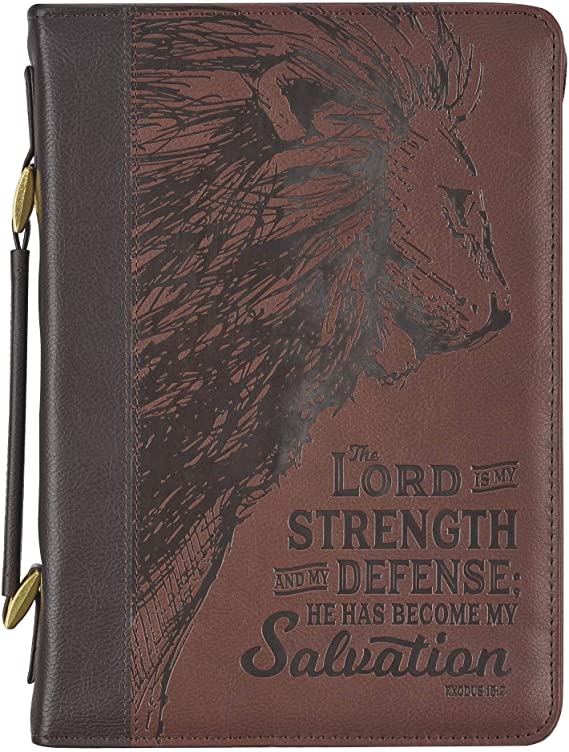 Brown Faux Leather Classic Bible Cover | Lord is My Strength Exodus 15:2 w/Lion |Bible Case Book Cover for Men/Women, Large