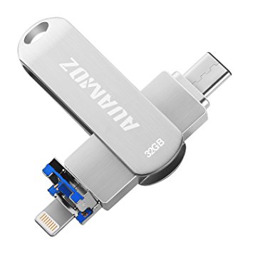 IOS Flash Drive 32GB USB 3.0 Memory Stick with USB 3.1 Type C,AUAMOZ Flash Drive Type C Ready for iPhone Android PC and New MacBook(Silver)