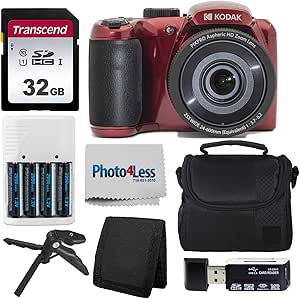 Kodak PIXPRO AZ255 Digital Camera (Red), Point & Shoot Camera Case, 32GB SD Memory Card, Rechargeable Batteries & Charger, USB Card Reader, Table Tripod, Accessories