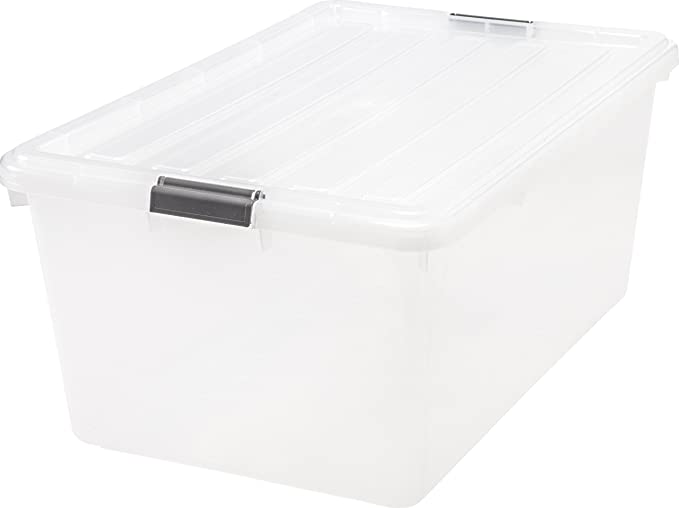 IRIS USA 68 Qt. Large Storage Bin with Buckle Down Lid, 1-Pack, Sturdy and Versatile Organizer Utility Tote Container Box for Seasonal Clothes Blankets Decoration Long Term Storage, Clear