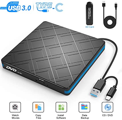 TedGem External CD DVD Drive, Type-C USB 3.0 Portable CD-ROM/DVD-RW CD Drive for Laptop, Burner Reader High Speed Data Transfer DVD Drive for Windows XP / 7/8/10/Linux (Gift: With A Card Reader)