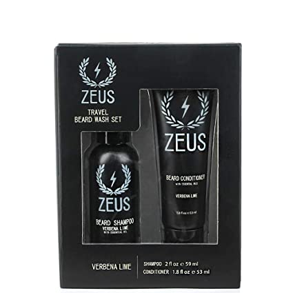 ZEUS Travel Beard Shampoo (2 oz) and Beard Conditioner (1.8 oz) Set for Men (Scent: Verbena Lime)
