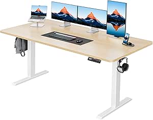 HUANUO 63" x 28" Electric Standing Desk Adjustable Height, 4 Memory Height Settings, Headphone Hook, Cable Manager, Sit Stand Up Desk for Home Office & Computer Workstation, Nature