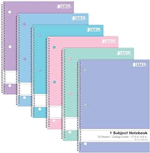 Better Office Products Spiral Notebooks, 6 Pack, 1 Subject, 70 Sheets, 10.5 x 8 inches, 6 Assorted Pastel Colors (College Ruled)