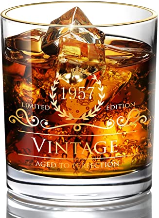 1957 63th Birthday Gifts for Men/Dad/Son, Vintage Unfading 24K Gold Hand Crafted Old Fashioned Whiskey Glasses, Perfect for Gift and Home Use - 10 oz Bourbon Scotch, Party Decorations