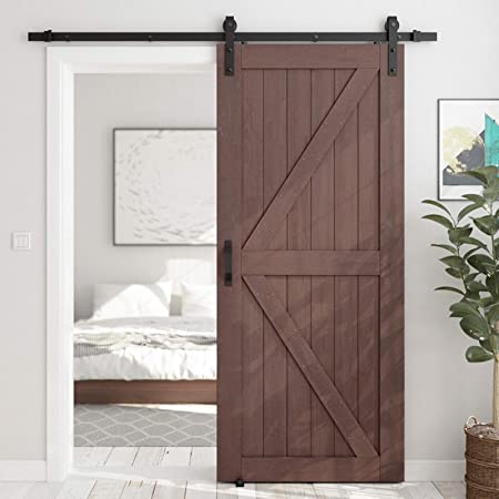 SMARTSTANDARD 36in x 84in Sliding Barn Door with 6.6ft Barn Door Hardware Kit & Handle, Pre-Drilled Ready to Assemble, DIY Unfinished Solid Spruce Wood Panelled Slab, K-Frame, Coffee