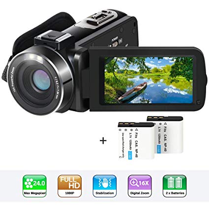 Video Camera Camcorder,Actinow YouTube Vlogging Camera HD 1080P 24.0MP 3.0 Inch LCD 270 Degrees Rotatable Screen 16X Digital Zoom Camera Recorder with 2 Batteries