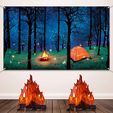 Forest Scene Camping Backdrop Camping Photography Background Camping Photo Backdrop and 2 Sets 3D Decorative Cardboard Campfire Centerpiece Artificial Fire Party Decoration for Camping Theme Party