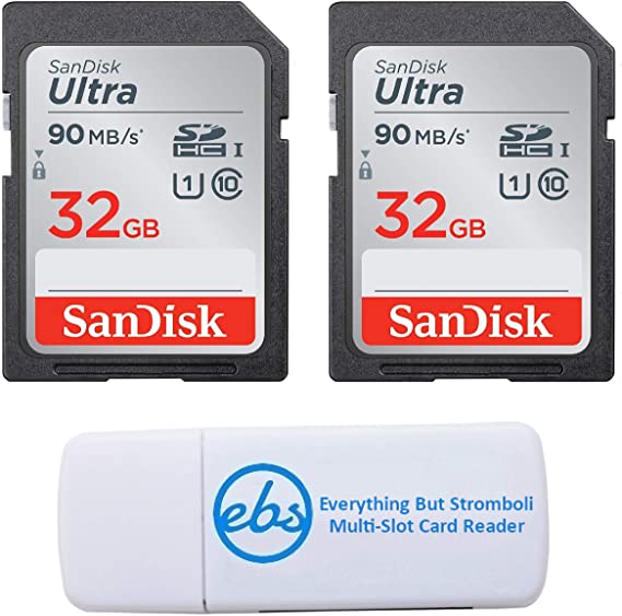 SanDisk 32GB SDHC SD Ultra Memory Card (Two Pack) Works with Canon EOS Rebel T7, Rebel T6, 77D Digital Camera Class 10 (SDSDUNR-032G-GN6IN) Bundle with (1) Everything But Stromboli Combo Card Reader
