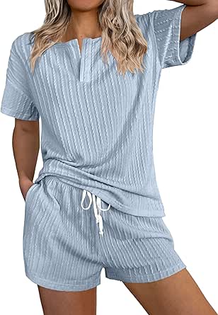 Ekouaer Ribbed Knit Lounge Sets for Women 2 Piece Outfits Short Sleeve Top and Shorts Pajama Sets Tracksuit Sweatsuits