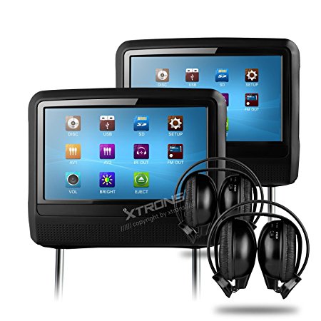 XTRONS® Black 2x 9" Twin Touch Screen Car Headrest DVD Player USB SD Slot Game IR Headphones Included