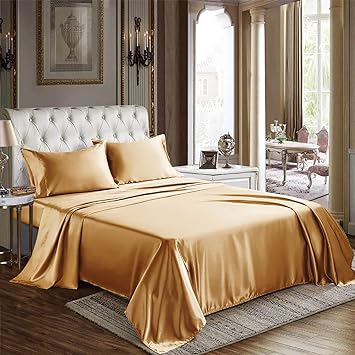 CozyLux Satin Sheets Queen Size - 4 Piece Gold Bed Sheet Set with Silky Microfiber, 1 Deep Pocket Fitted Sheet, 1 Flat Sheet, and 2 Pillowcases - Smooth and Soft