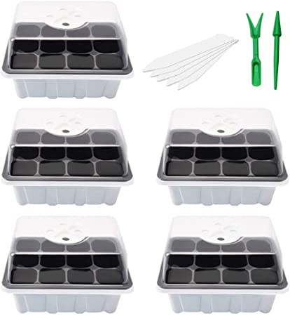 NSWDYLO 5-Pack Seed Starting Trays 60 Cells Insert Hot House Seed Starter Trays Kit for Garden Large Seedling Tray with Humidity Adjustable Lid Dome and Base Tray Seed Greenhouse Tray Germination Dome