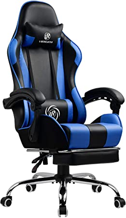 LUCKRACER Gaming Chair with footrest Office Chair with Lumbar Support Swivel Chair with Racing Style Armrest PU Leather High Back (Blue)